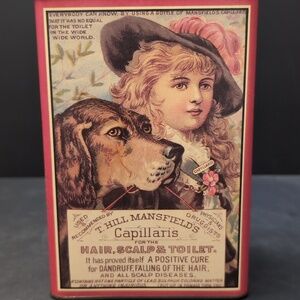 VGT, Hills Mansfield's Capillaris Hair Product Tin With Victorian Era Graphics.